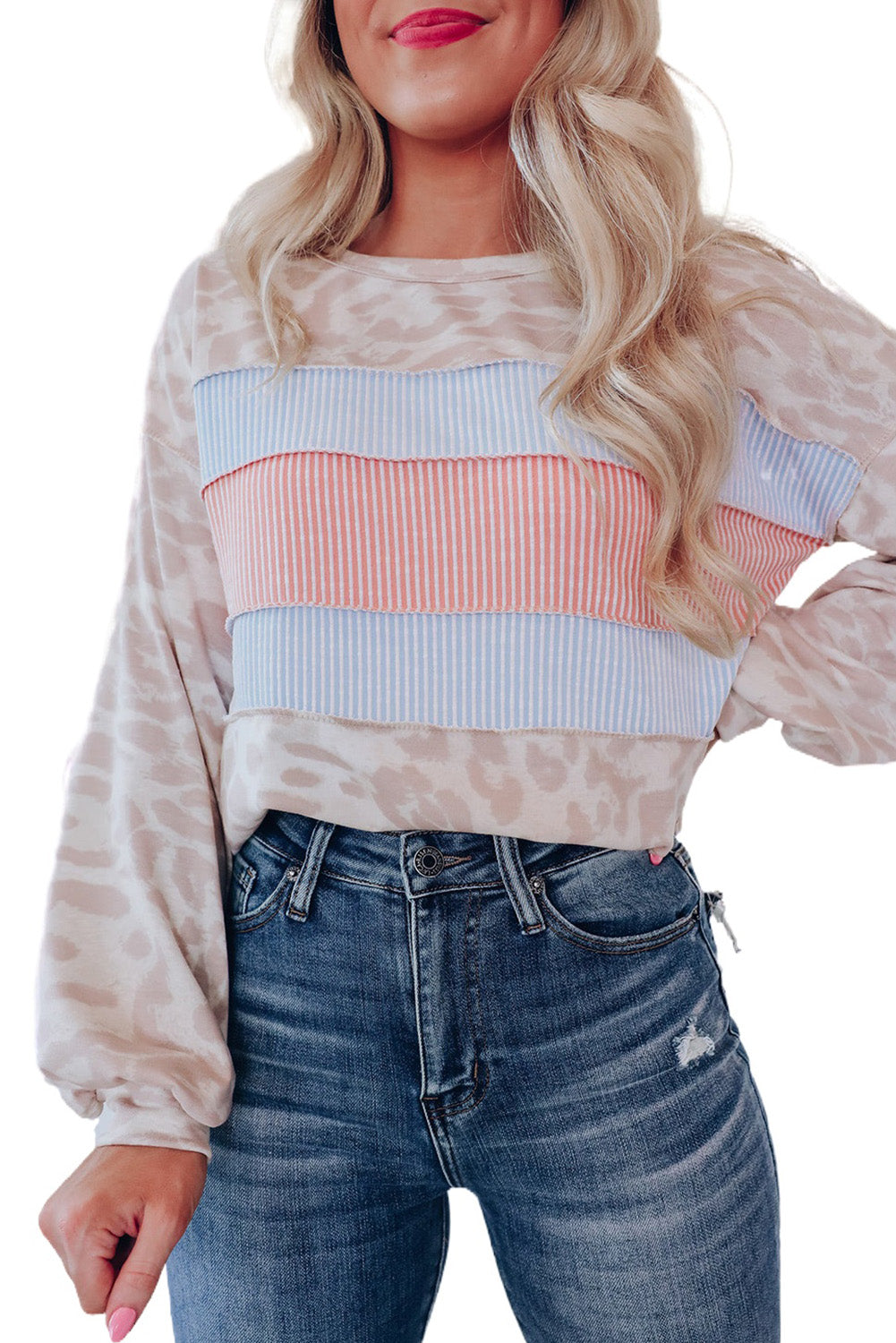 Haut en tricot à manches bouffantes et rayures contrastées à imprimé animal