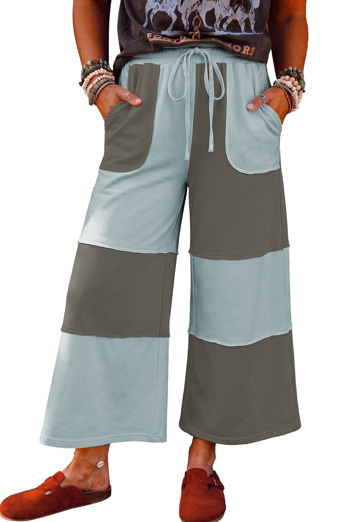 Beau Blue Raw Seam Colorblock Wide Leg Ankle Length Casual Pants