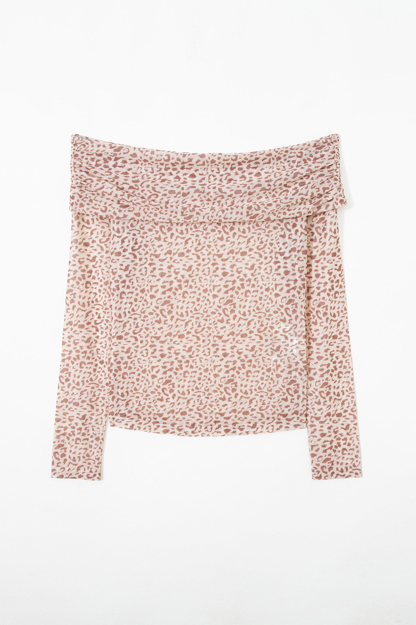 Brown Leopard Print Foldover Off Shoulder Long Sleeve Mesh Top