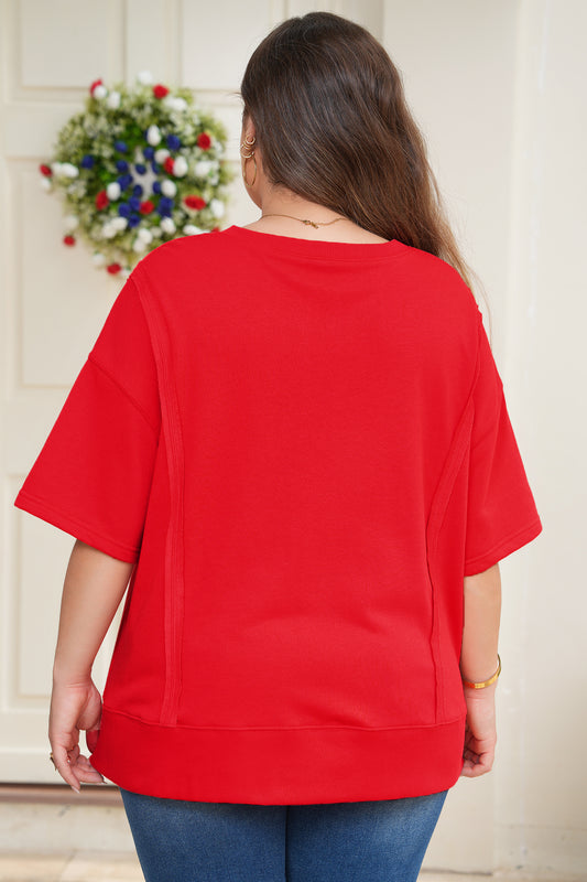 Fiery Red Plus Size Solid Color Notched Neck Seam Detail Patchwork Short Sleeve Top