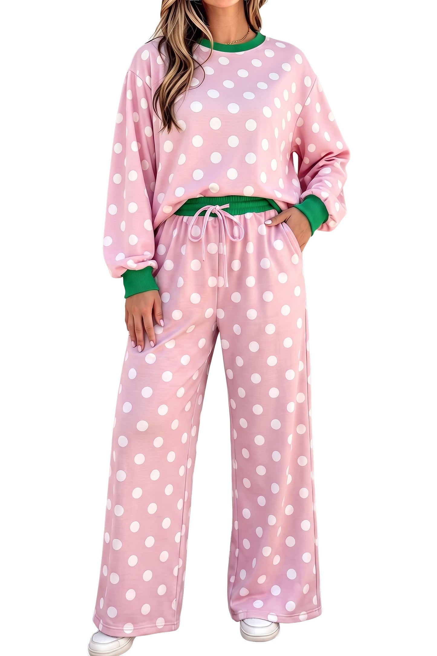 Pink Polka Dot Contrast Trim Long Sleeve Top Drawstring Shift Pants Set