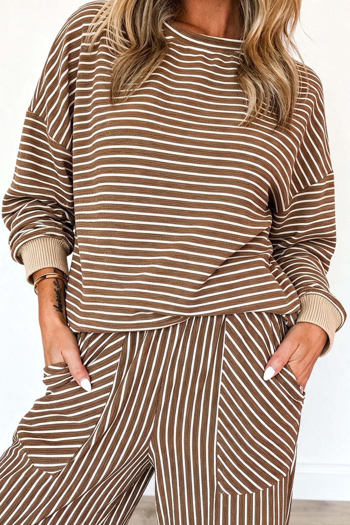 Brown Stripe Drop Shoulder Relaxed Pullover Casual Pants 2pcs Set