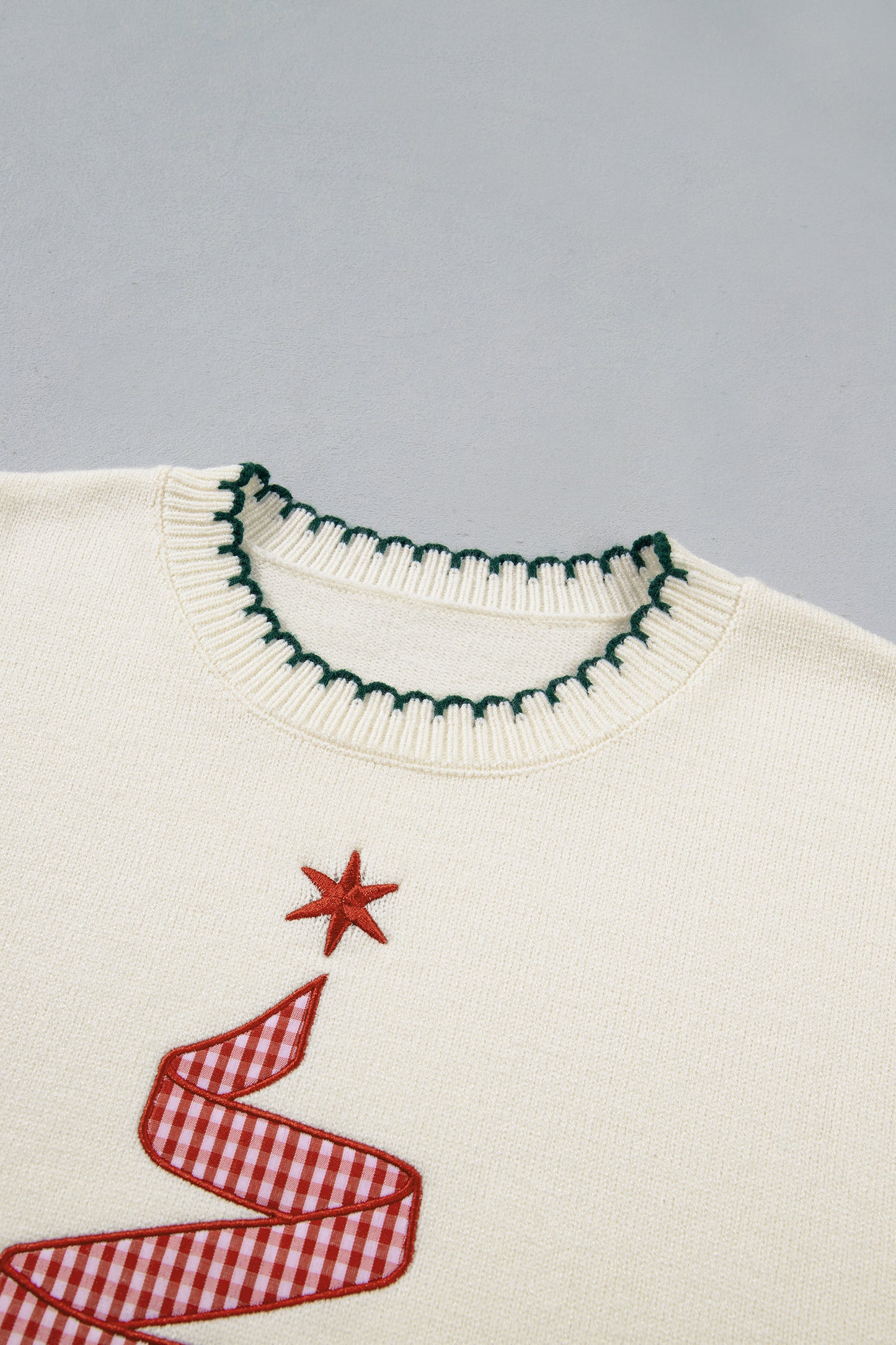 Beige Stitched Detail Christmas Tree Holiday Casual Sweater