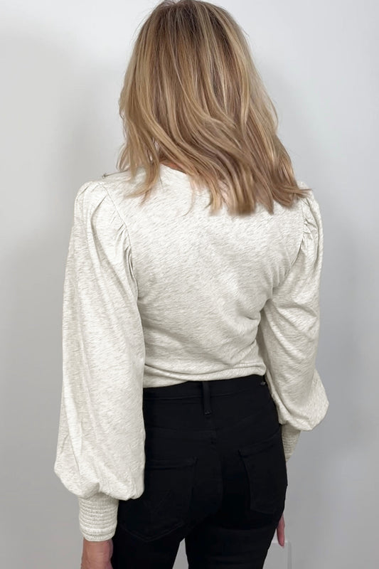 Oatmeal Shirred Cuffs Puff Sleeve Peasant Top