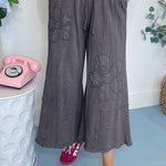Light Grey Flower Patch Mineral Washed Terry Knit Cropped Wide Leg Pants