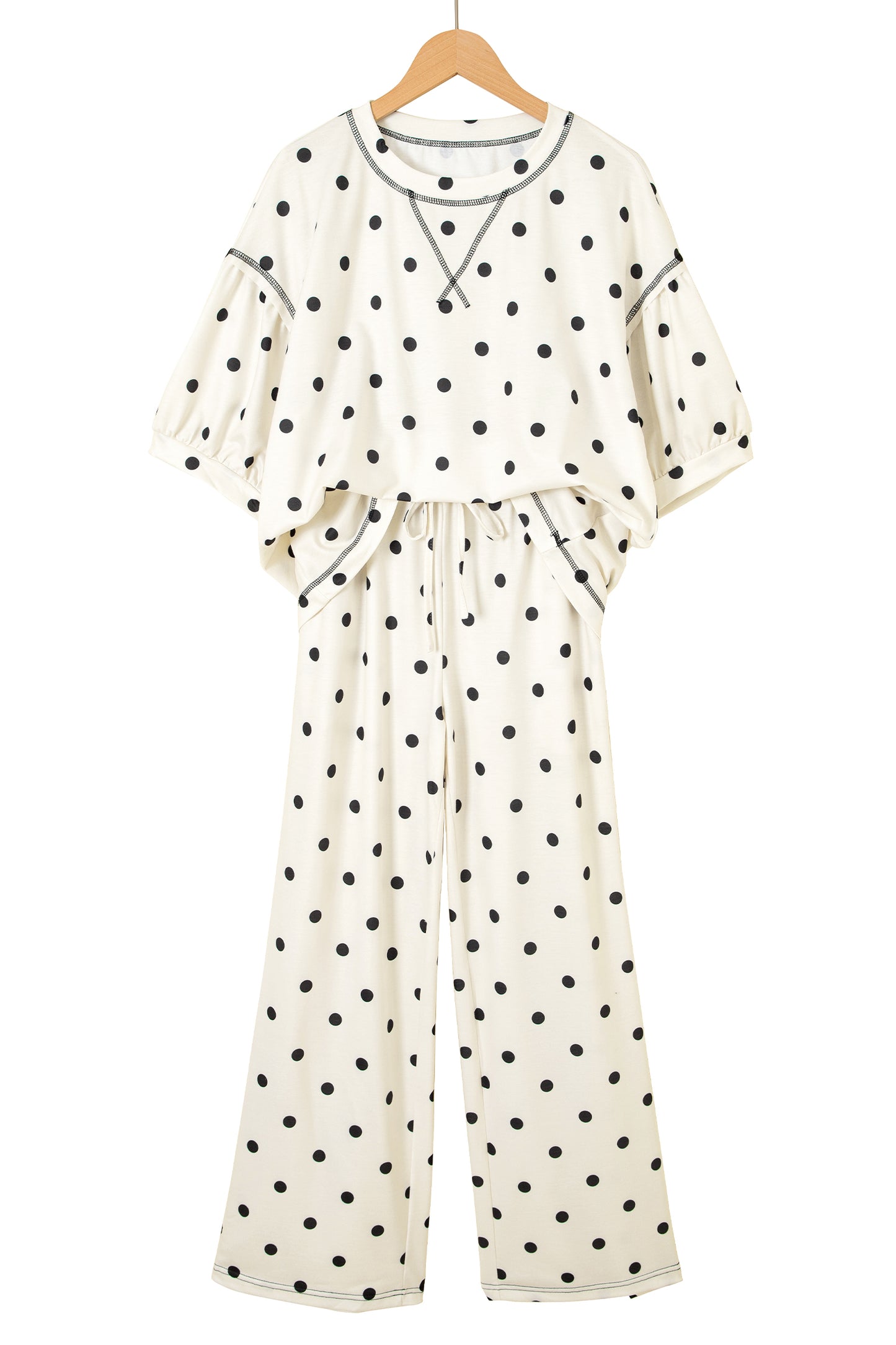Beige Polka Dot Half Sleeve Loose Top Elastic Waist Casual Pants Set