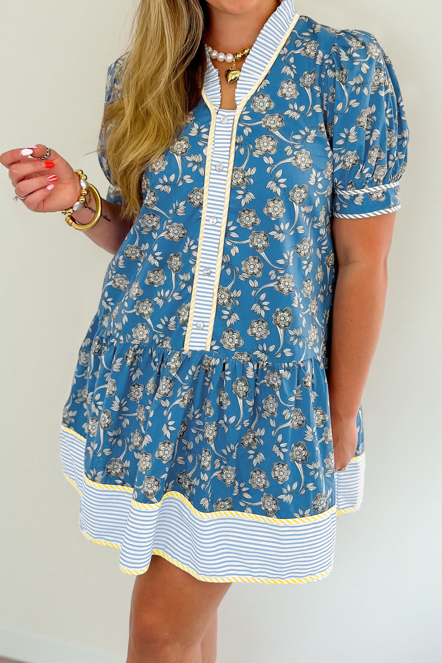 Blue Plus Size Floral Print Striped Patchwork Detail Button Front Ruffle Hem Dress - Blue / 4X / 100%Cotton Blue Plus Size Floral Print Striped Patchwork Detail Button Front Ruffle Hem Dress - Blue / 4X / 100%Cotton