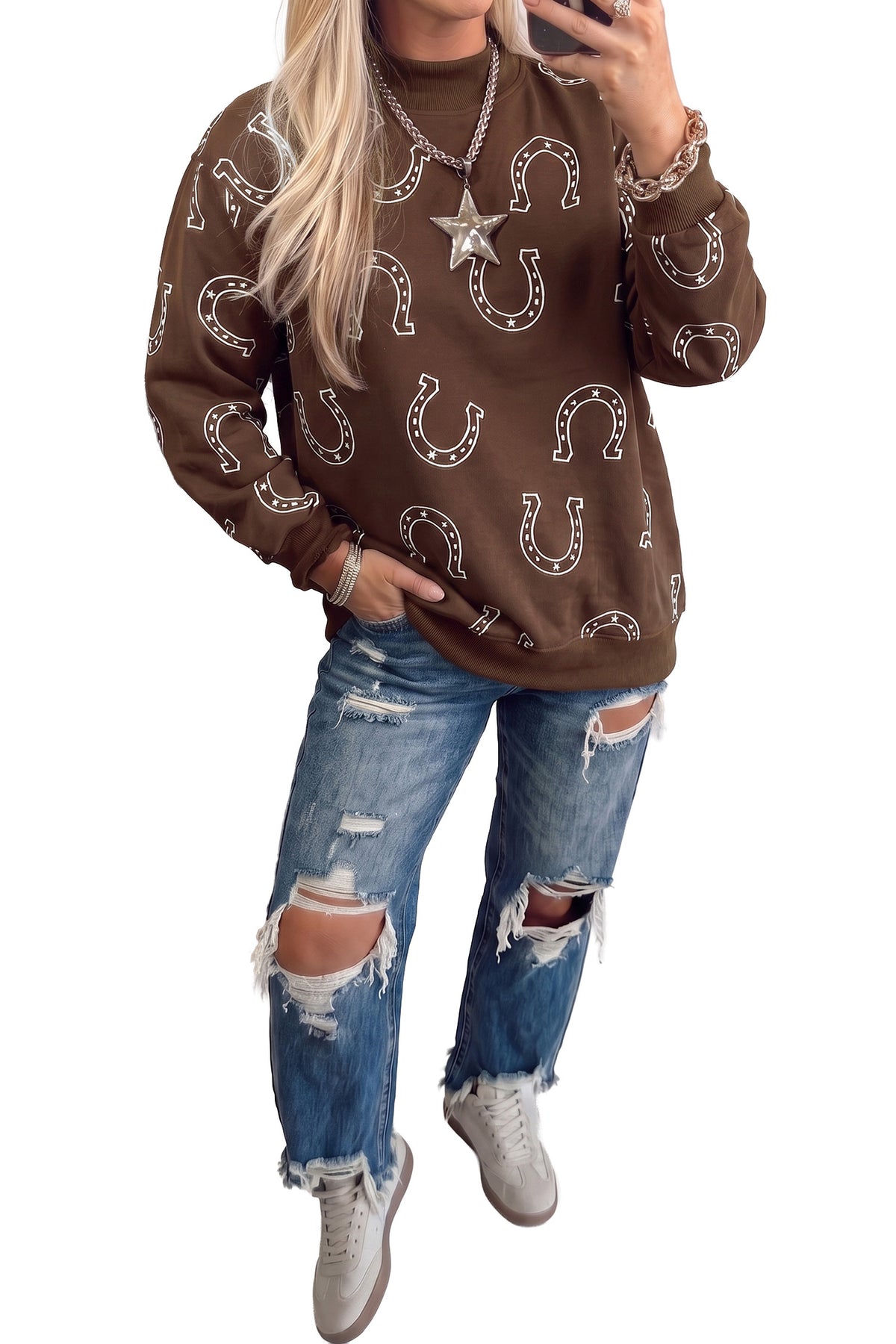 Brown Western Horseshoe Print Mock Neck Casual Pullover Sweatshirt