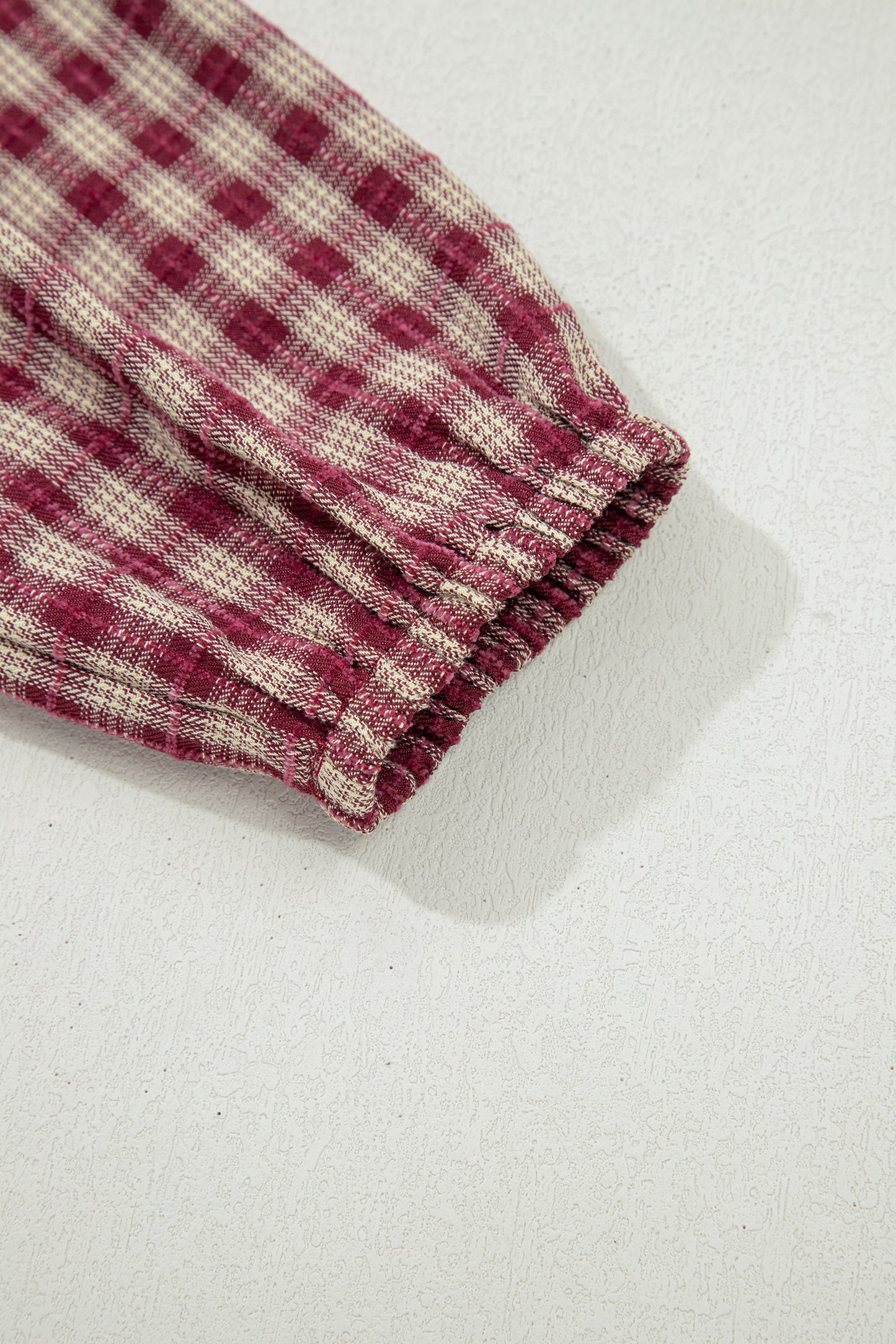 Coral Country Plaid Long Sleeve Button Keyhole Pleated Loose Blouse