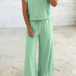 Clearly Aqua Solid Color Loose Tee Drawstring Wide Leg Pants 2pcs Outfit