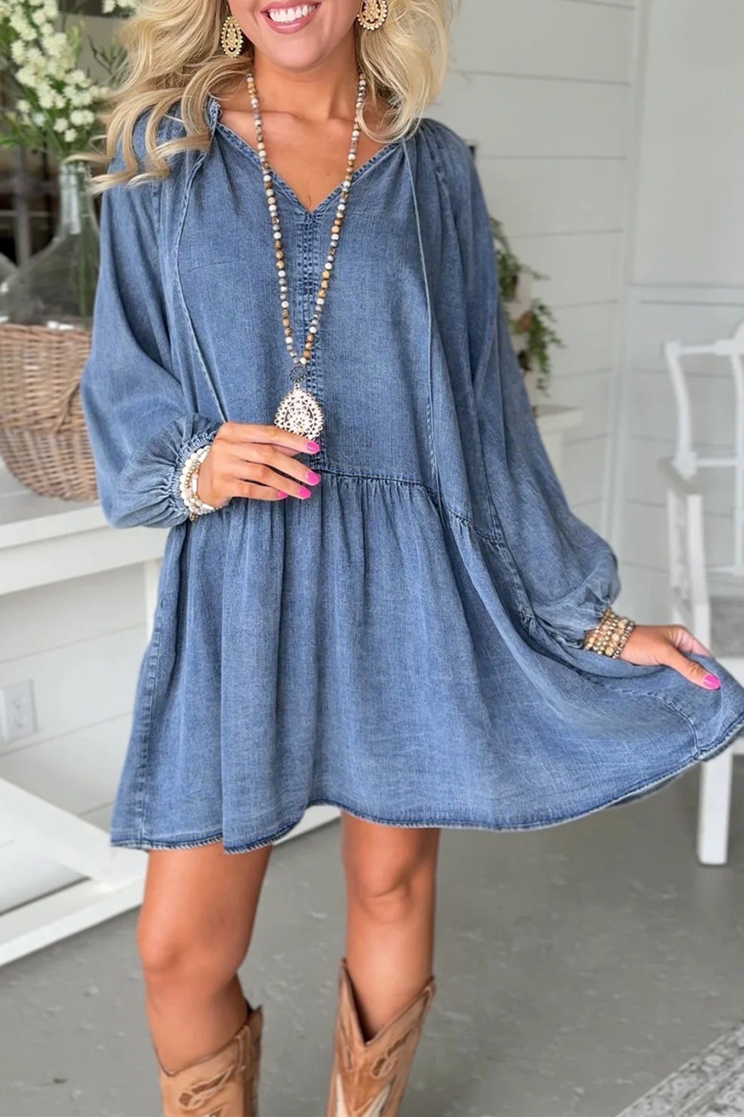 loose puff sleeve dress Myosotis Puff Sleeve V Neck Ruffled Loose Denim Mini Dress Myosotis / S / 85%Cotton+15%Polyester