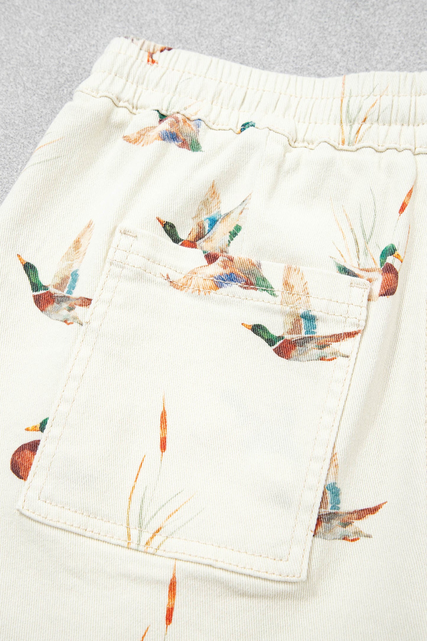 Beige Wild Duck Mallard Printed Drawstring Denim Shorts