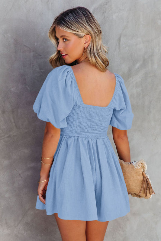 Sky Blue Brown Square Neck Ruched Puff Sleeve Romper