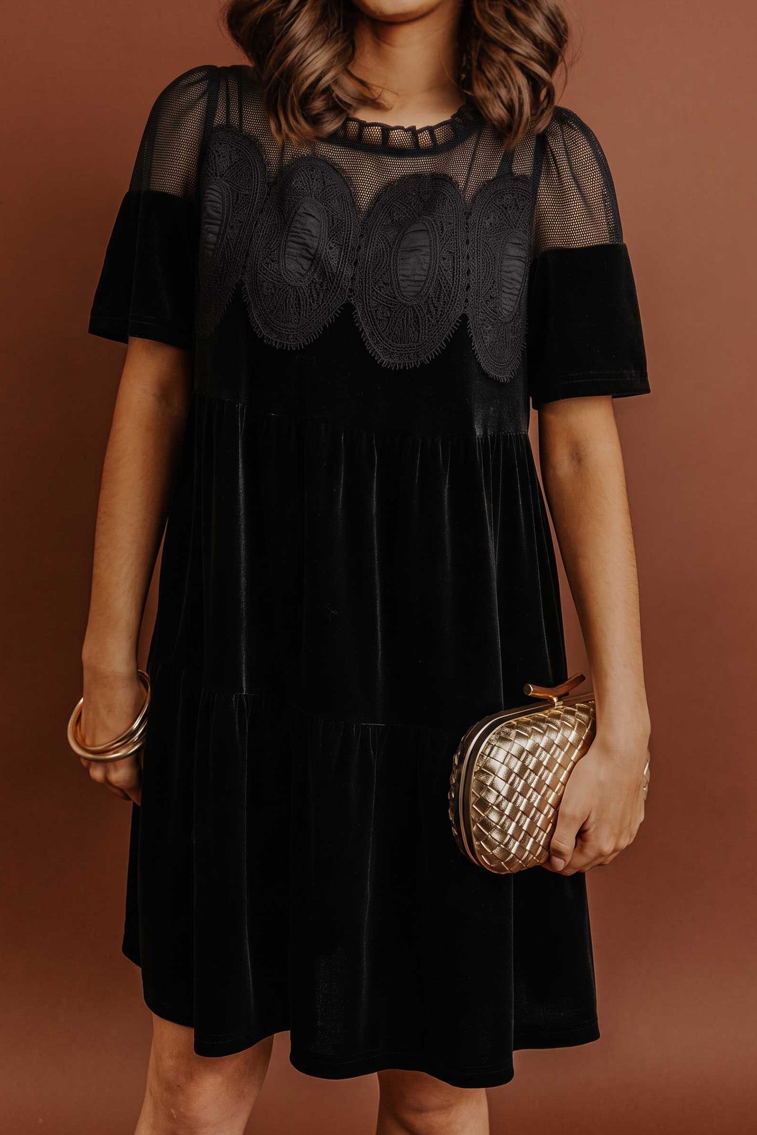 black velvet short sleeve dress Embroidered Mini Shift – HannaBanna Clothing KIWI Dress Round Laces, side seam pockets SIZE:6X app_size_guide