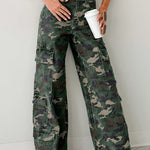 Green Camo Denim Cargo Wide Leg Pants