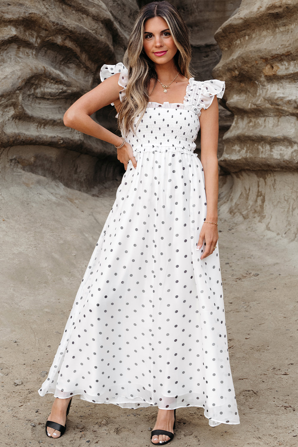 White Polka Dot Flutter Sleeve Square Neck Smocked Maxi Dress – HannaBanna Clothing