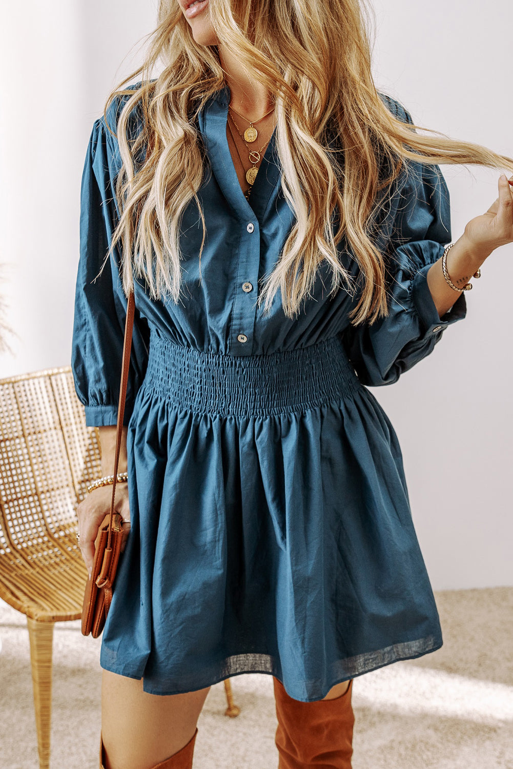 Prussian Blue 3/4 Sleeve Shirred High Waist Buttoned Mini Dress HannaBanna Clothing Prussian Blue 3/4 Sleeve Shirred High Waist Buttoned Mini Dress HannaBanna Clothing