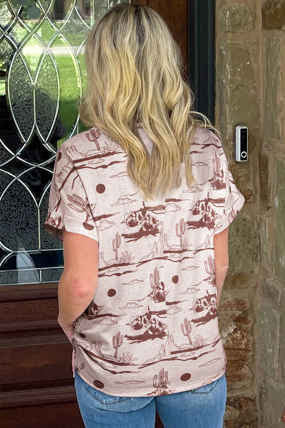 Haut en tricot à manches courtes imprimé sable du désert marron