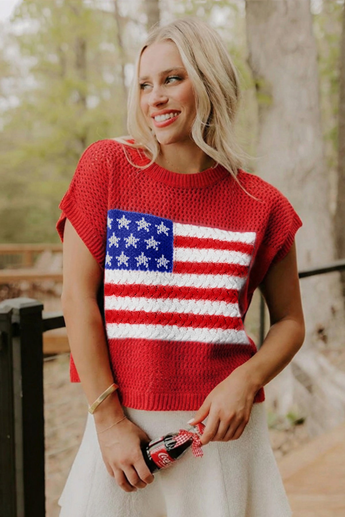 Fiery Red Flag Graphic Short Sleeve Sweater Top
