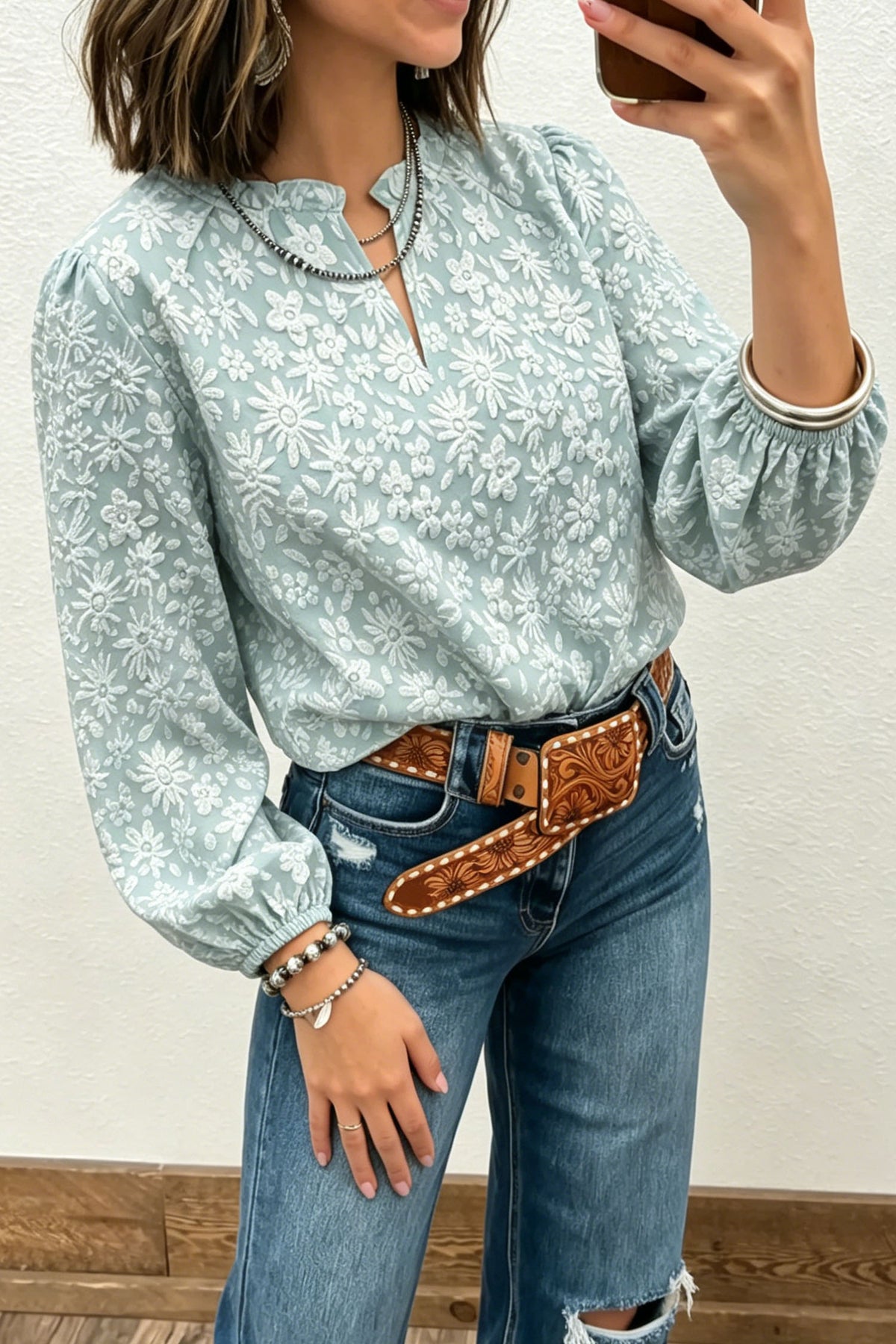 Iceland Blue V Neck Floral Textured Long Sleeve Casual Blouse