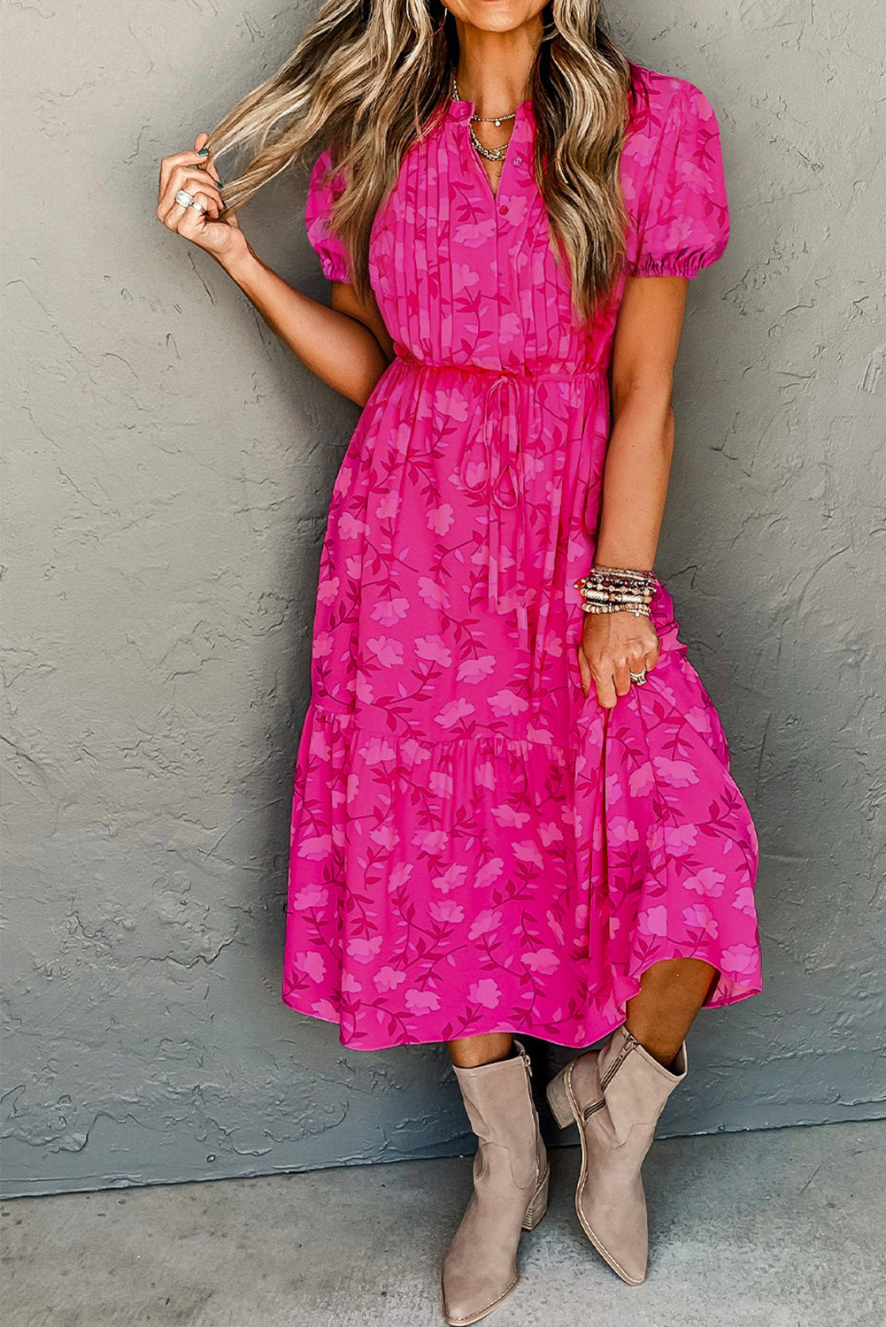 Rose Red Floral Print Pleated Drawstring Flowy Midi Dress HannaBanna Clothing Rose Red Floral Print Pleated Drawstring Flowy Midi Dress HannaBanna Clothing