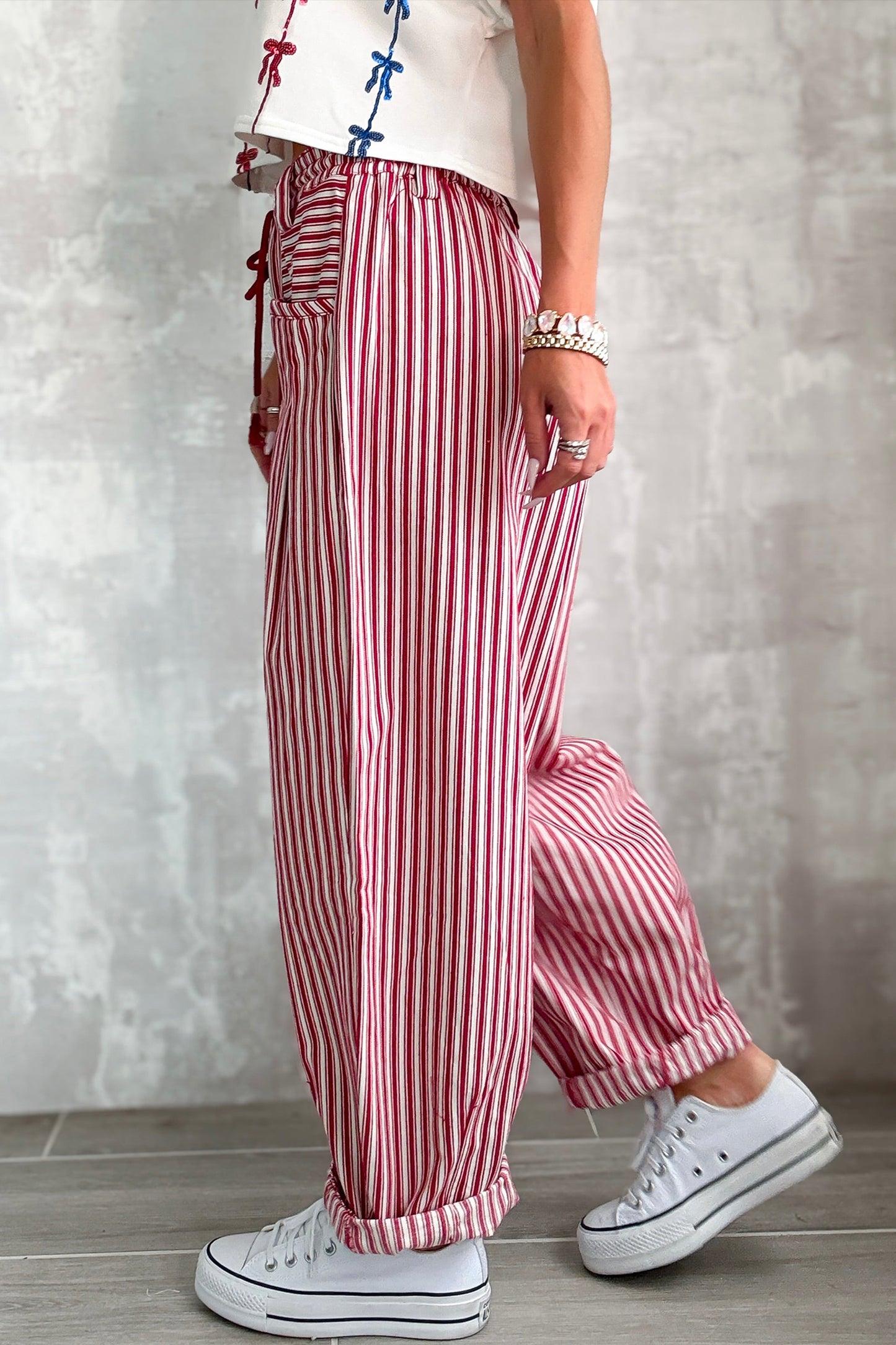 Red Stripe Drawstring Casual Loose Pants