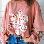 Peach Blossom Floral Applique Baggy Pullover Sweatshirt