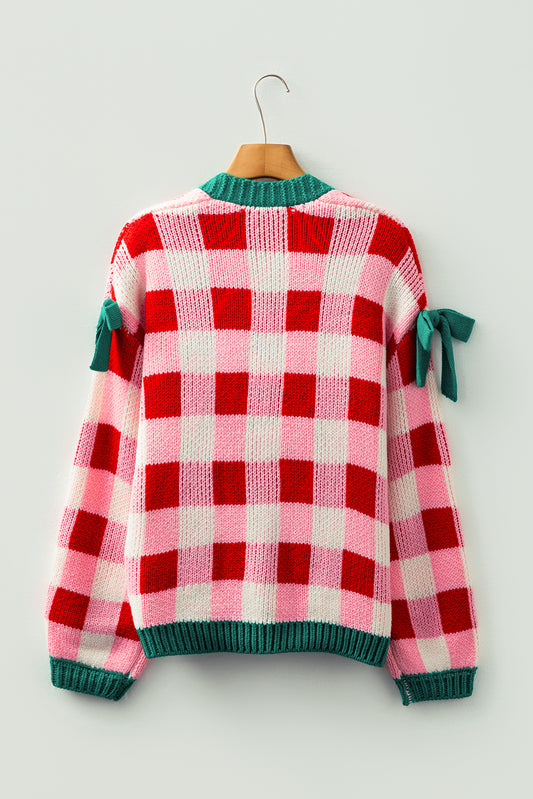 Pink Plaid Knit Bow Knot Decor Open Front Sweater Cardigan