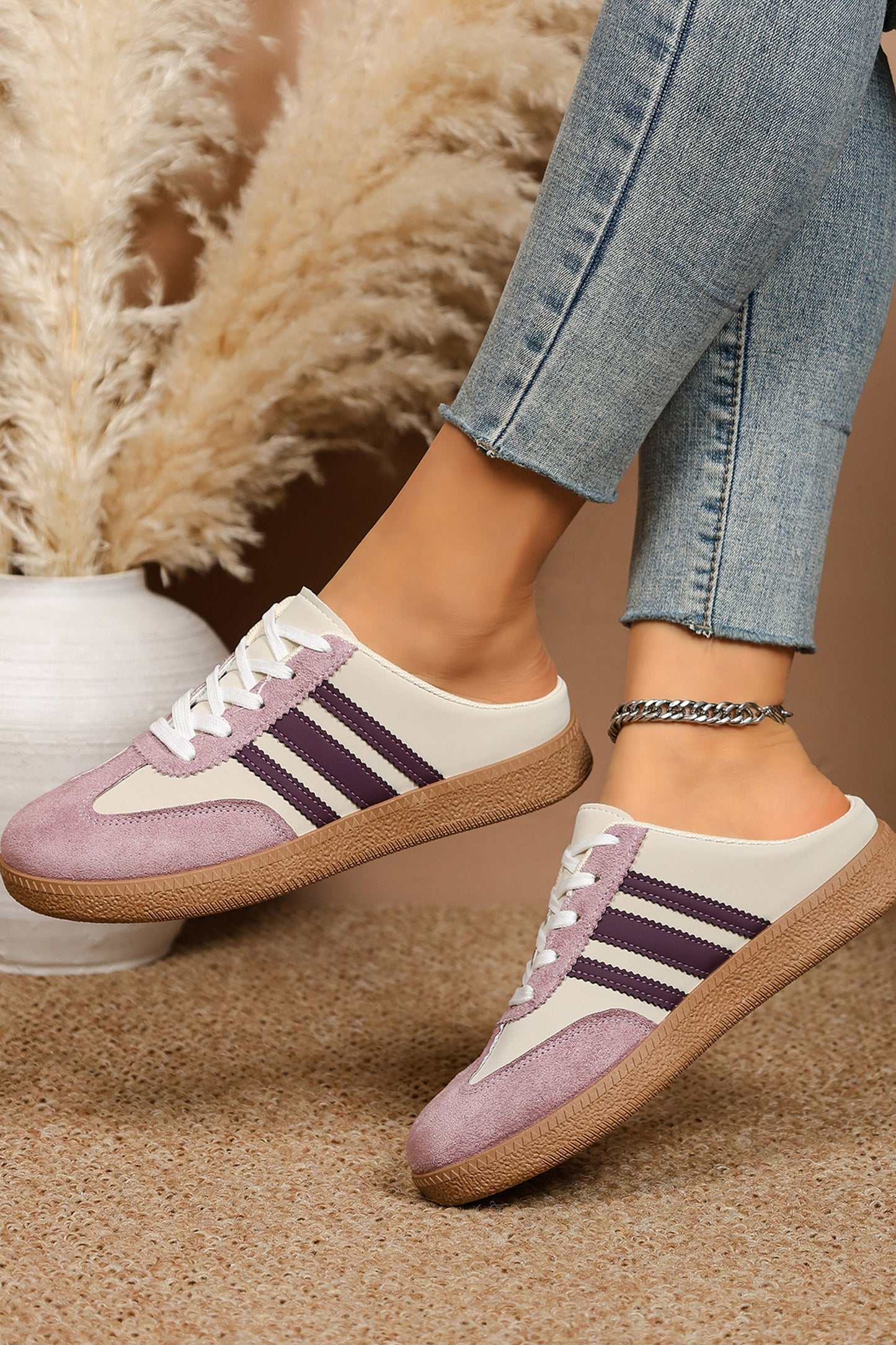 Tillandsia Purple PU Leather Color Block Varsity Lace Up Flat Shoes