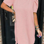 Blossom Corded Knit Crew Neck Puff Sleeve Shift Mini Dress