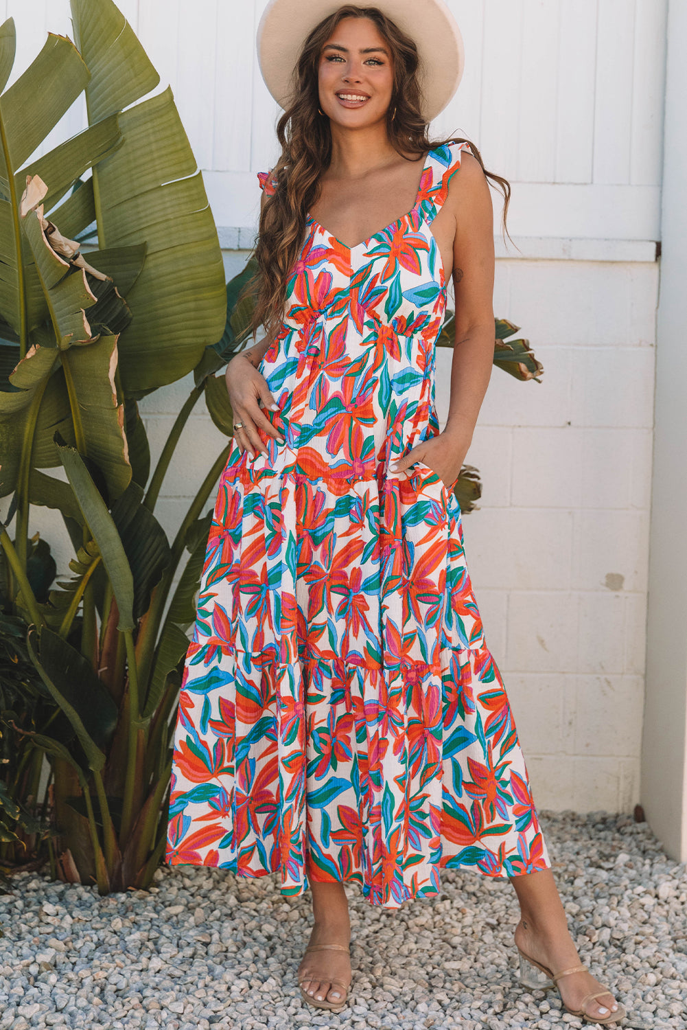 Red Boho Floral Ruffled Strap V Neck Maxi Dress Red / XL / 92%Polyester+8%Elastane