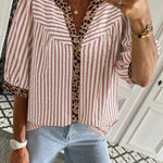 Pink Stripe Leopard Trim V Neck Button Down Half Sleeve Shirt