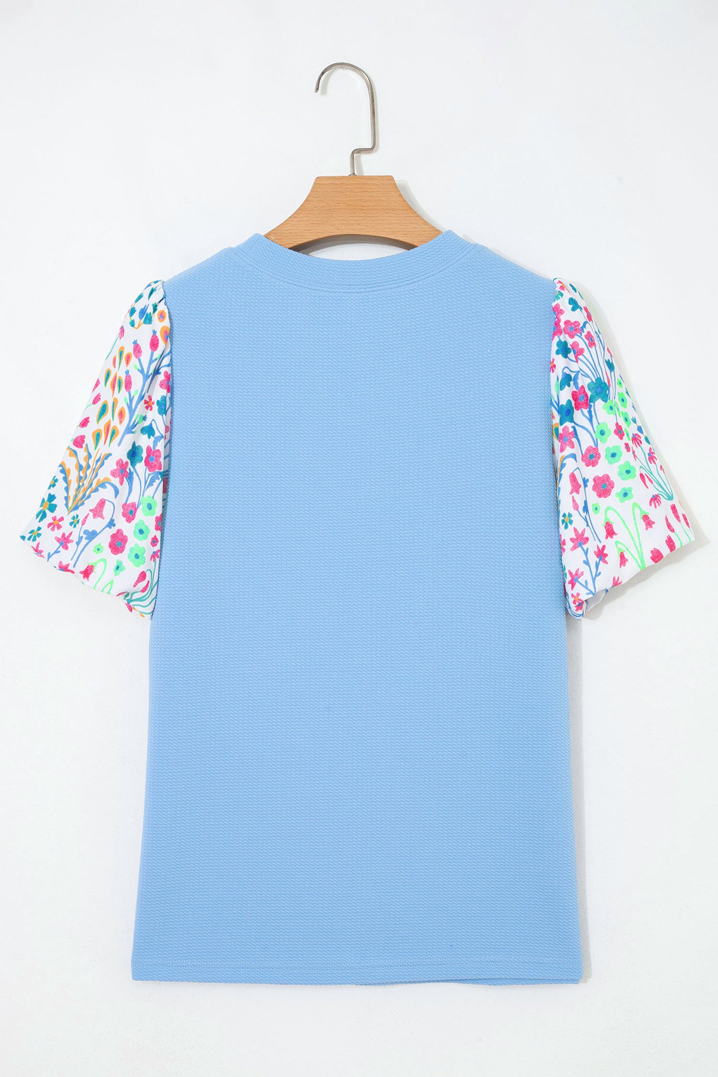 Light Blue Textured Bodice Contrast Floral Sleeve Plus Size Top