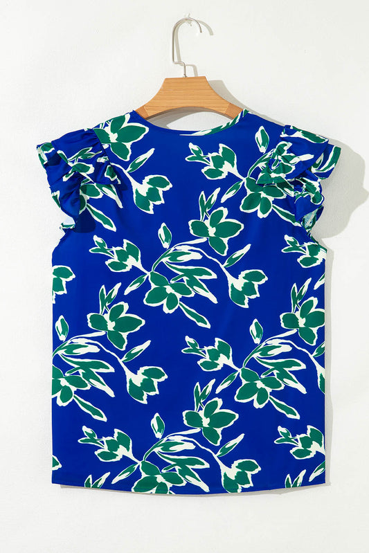 Blue V Neck Floral Print Double Ruffled Short Sleeve Blouse