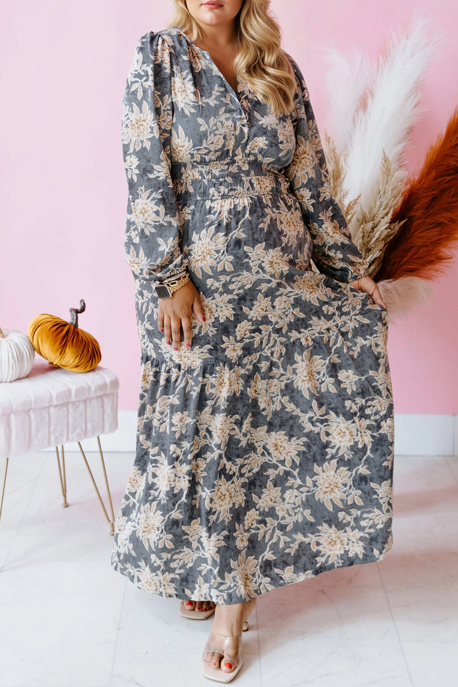 Sky Blue Plus Size Floral Print Split Neck Shirred High Waist Long Sle Sky Blue Plus Size Floral Print Split Neck Shirred High Waist Long Sle