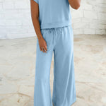 Mist Blue Solid Color Loose Tee Drawstring Wide Leg Pants 2pcs Outfit