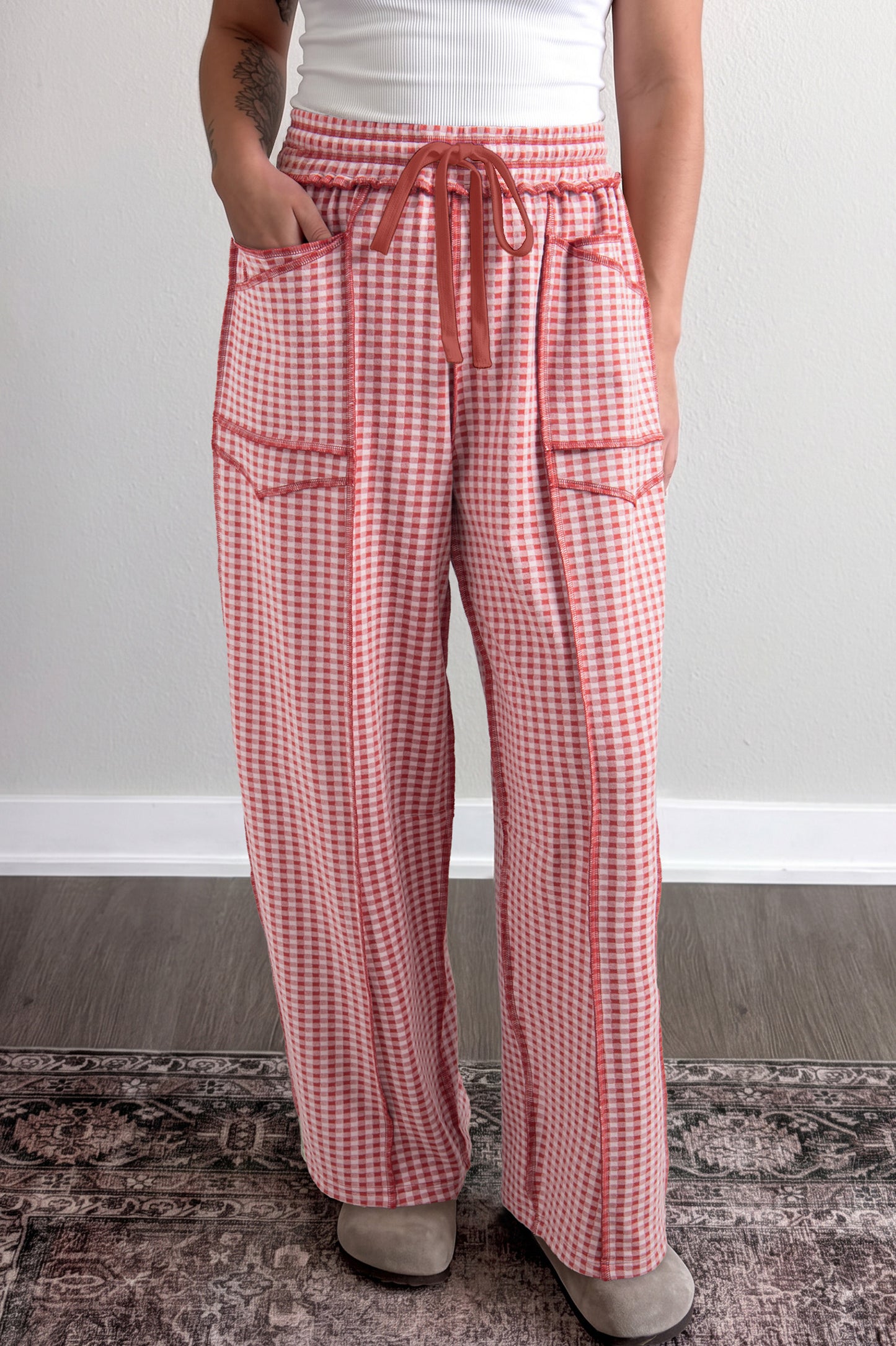 Red Plaid Contrast Trim Drawstring Elastic Waist Shift Pants