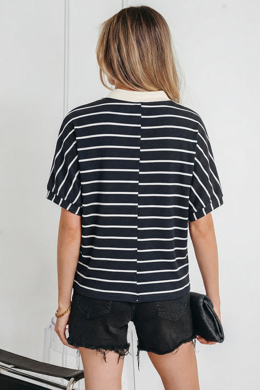 Black Stripe Stand Collar V Neck Elastic Cuffs Half Sleeve Dolman Top