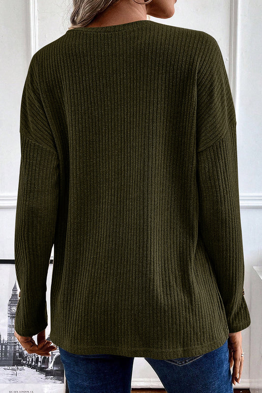 Haut en tricot côtelé texturé vert jungle Henley