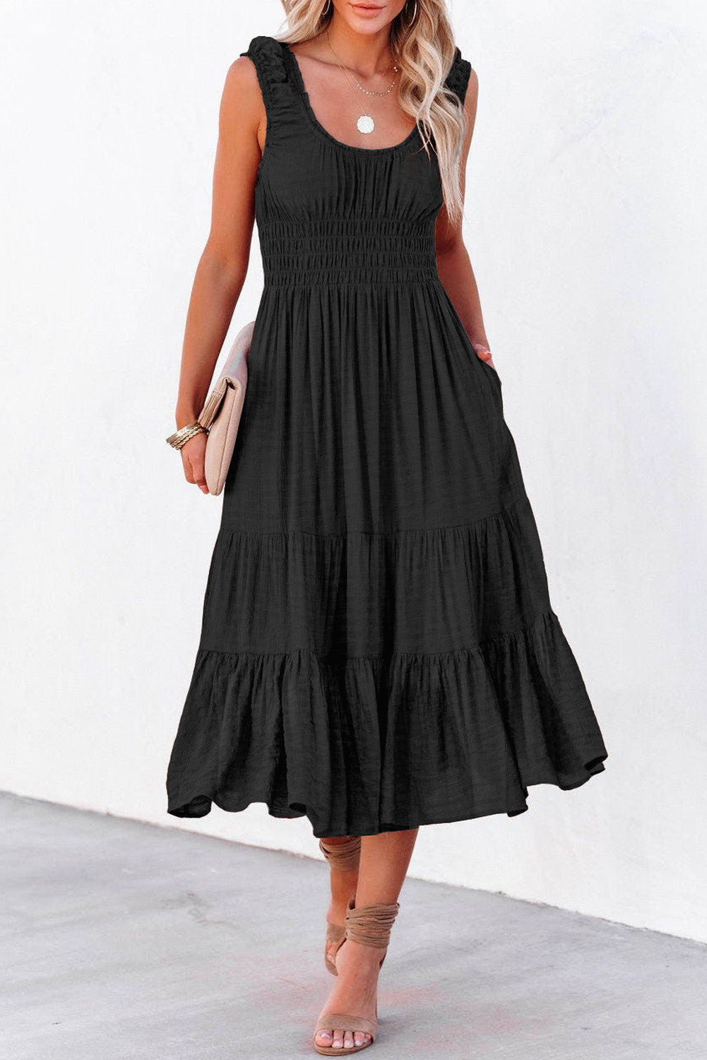 ruched and ruffled midi dress Black U-Neck Sleeveless Ruched Tiered Ruffled Midi Dress – HannaBanna  Clothing