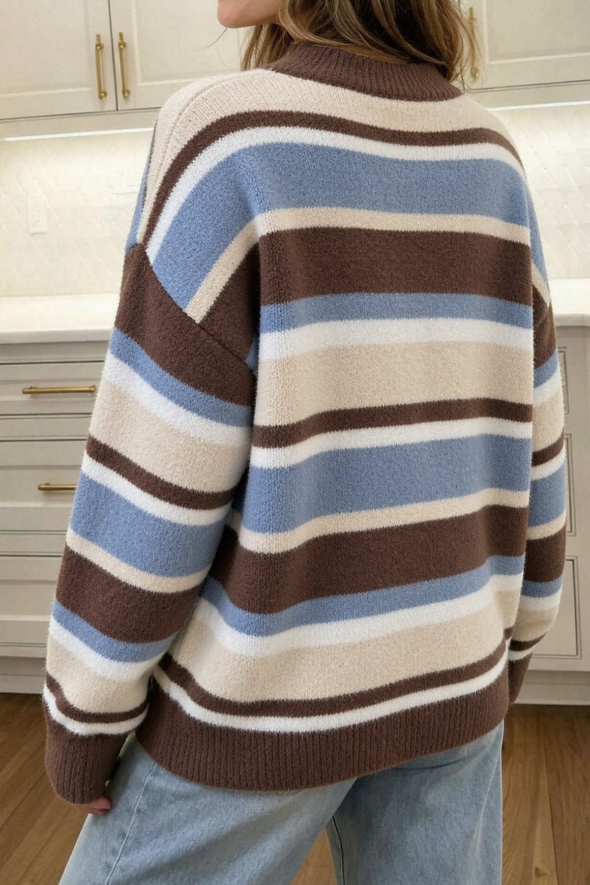 Brown Stripe Dropped Shoulder Loose Pullover Sweater