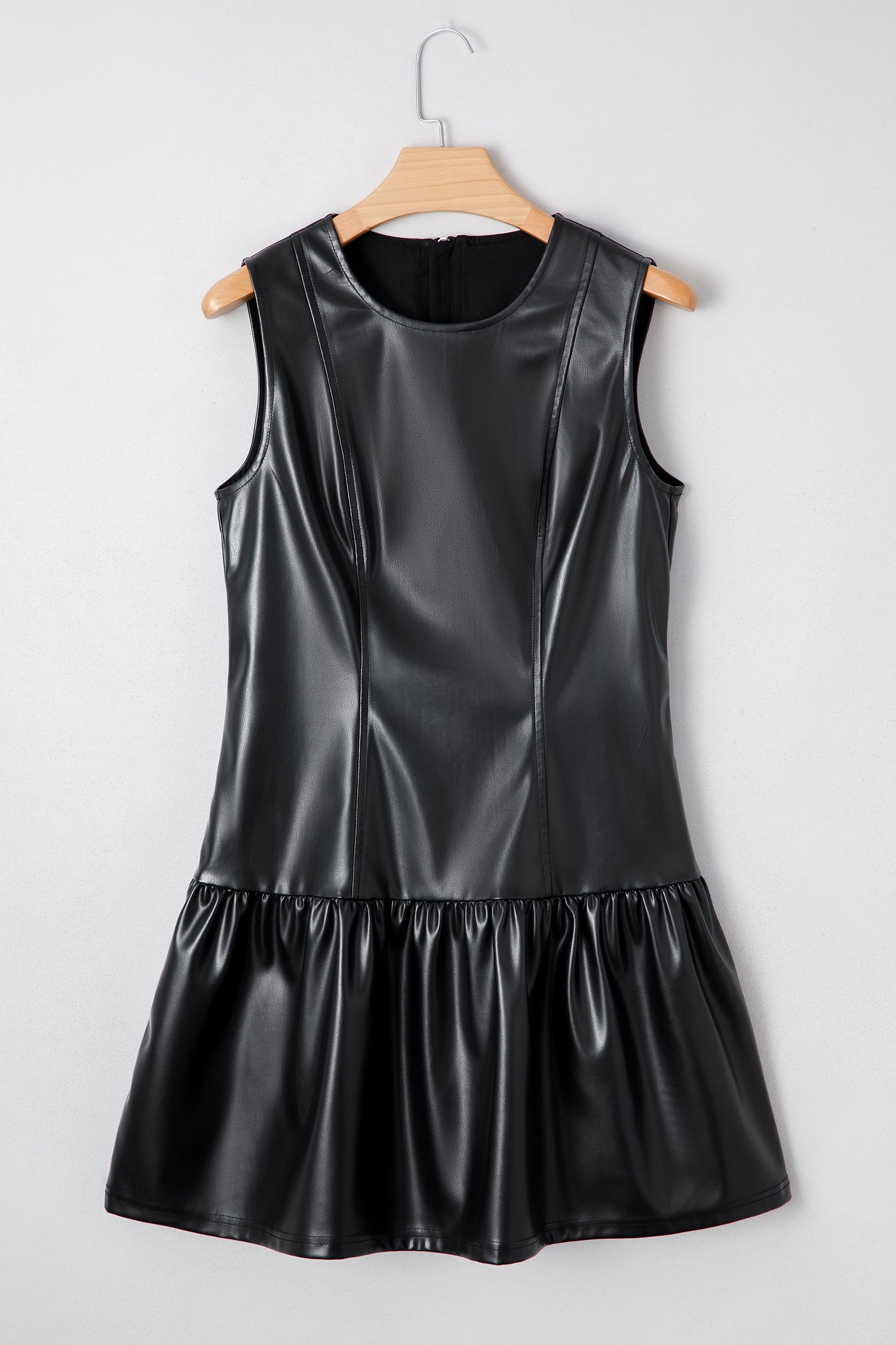 Black Faux Leather Ruffle Hem Sleeveless Mini Dress Black / M / 100%PU