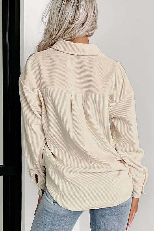 Veste-chemise en velours côtelé à motif pied-de-poule et patchwork avec poche à rabat