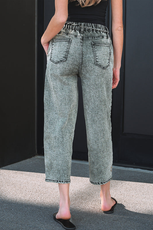 Gray Acid Wash Tie Waist Denim Pants