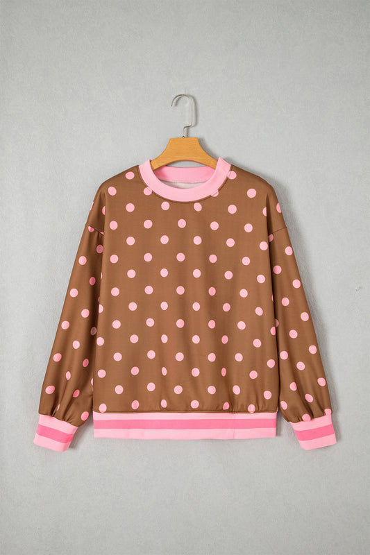 Brown Polka Dot Colorblock Round Neck Pullover Sweatshirt