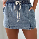 Dusk Blue Drawstring High Waist Pocketed Denim Shorts