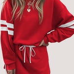 Fiery Red Varsity Stripe Detail Drop Shoulder Pullover Mini Skirt Set