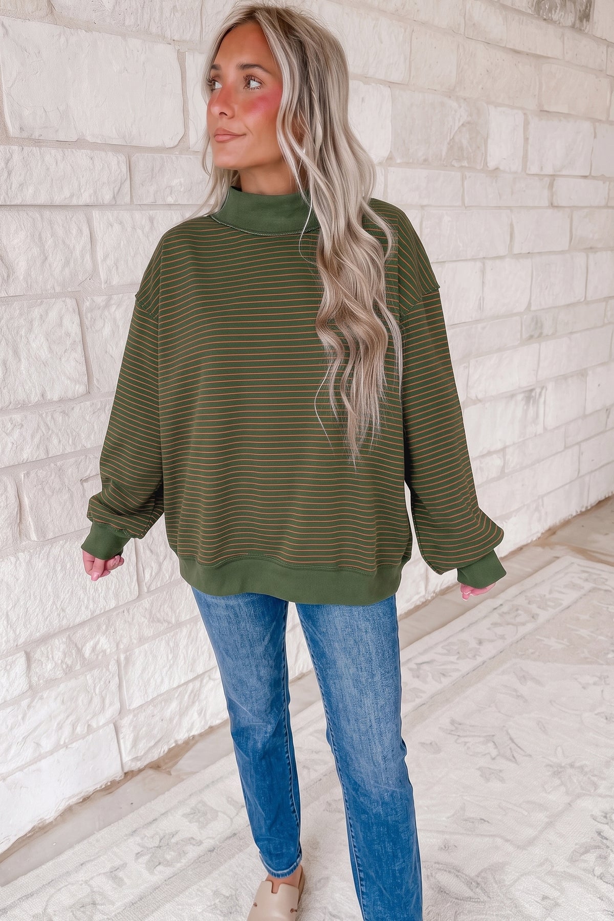Green Stripe Ribbed Color Block Mock Neck Oversized Sweatshirt