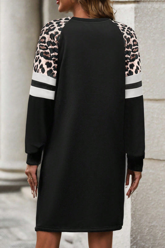 Black Leopard Print Patchwork Varsity Raglan Sleeve Sweatshirt Dress