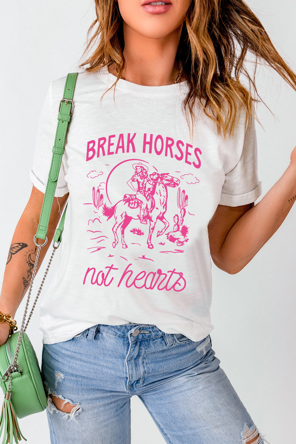 T-shirt blanc à col rond avec motif cowboy Western BREAK HORSES